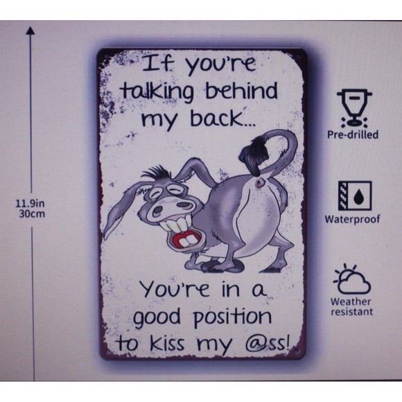 Comical Donkey Tin Sign Funny Indoor Outdoor Waterproof 12X8 Humor Gift NIP - Picture 2 of 5